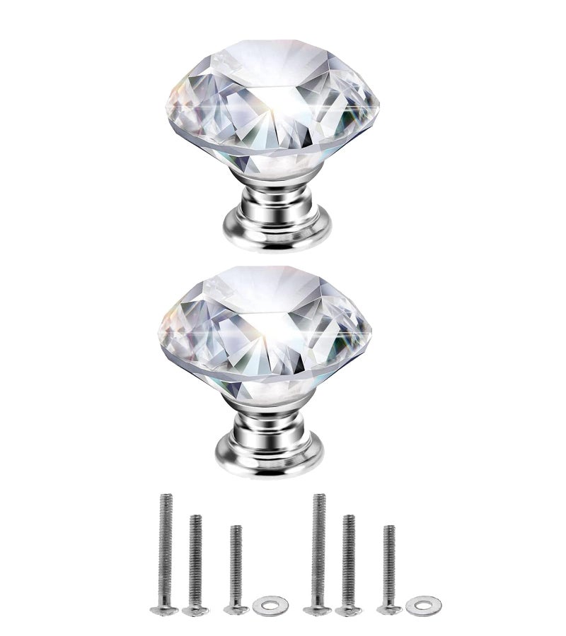 Mtsooning 2PCS Diamond Glass Knob, 30mm/1.18" Clear Crystal Pull with 3 Size Screws for Closet Cabinet Drawer Dresser Kitchen Wardrobe Handles - Image 1